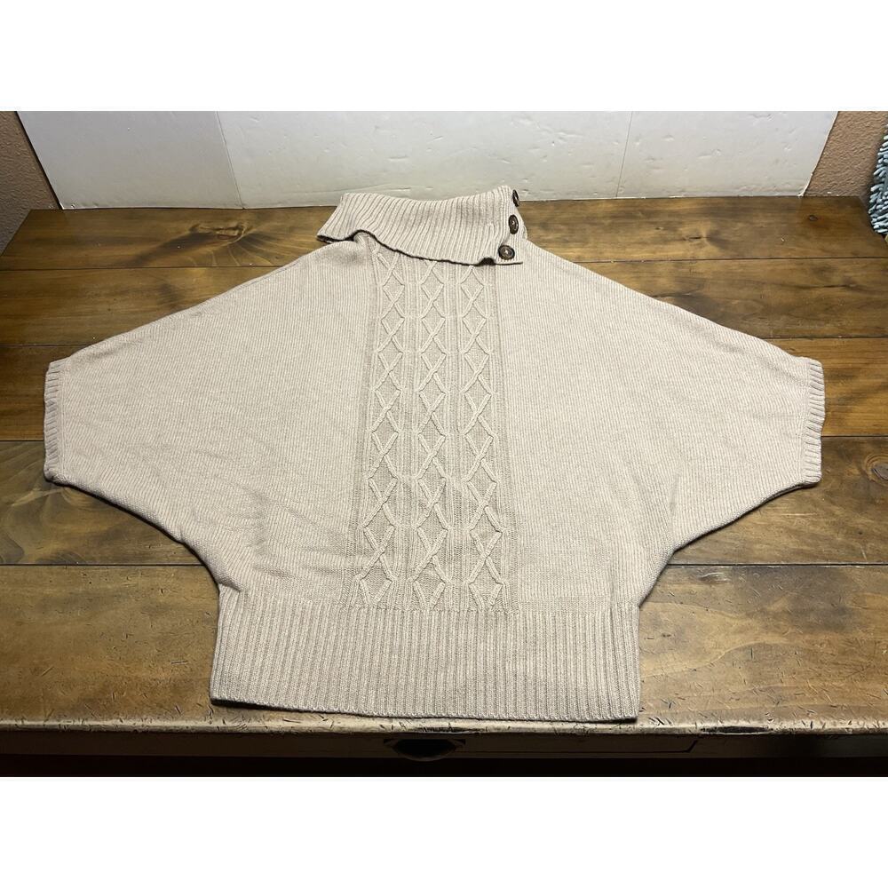 Brooks Brothers Button Cowl Neck Cable Knit Tan Sweater Womens Large Wool Blend